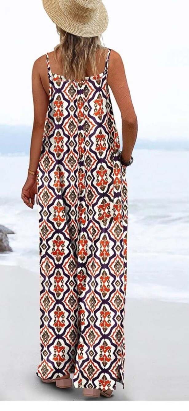 Geometric Print Square-Neck Wide Leg Sleeveless Jumpsuit with Pockets XL - Picture 4 of 10